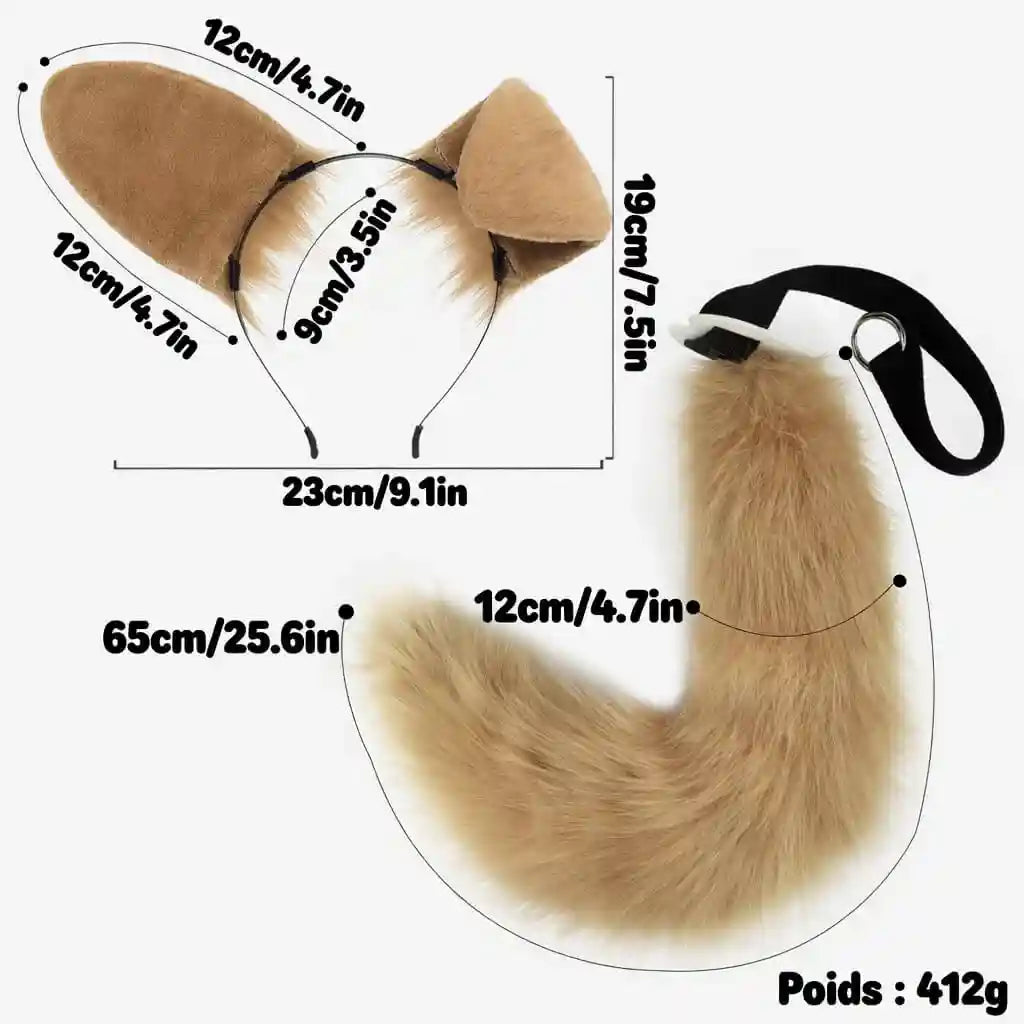 image qui donne la taille et les caractéristiques des oreilles puppy plush et de la queue puppyplush du kinkypupshop