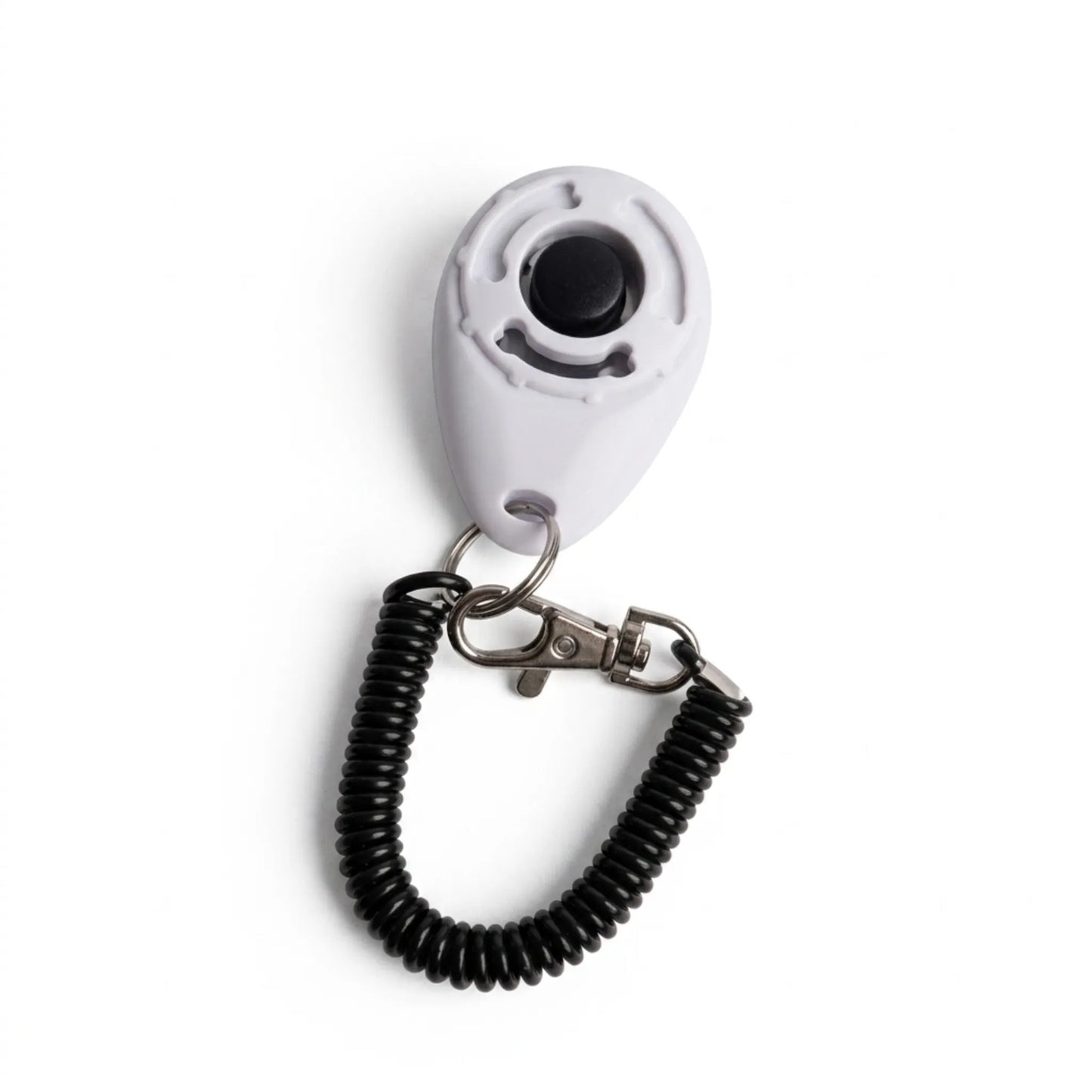 Clicker sonore de conditionnement chiot et chaton en plastique blanc avec bouton noir et bracelet extensible.