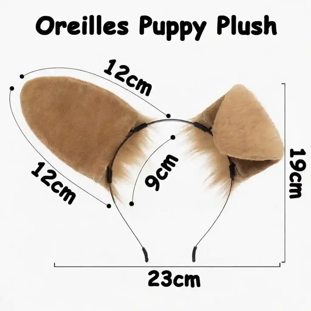caractéristiques et tailles des oreilles puppy qui sont disponible sur le kinkypupshop, les oreilles sont montré deployer et replié pour montrer leurs tailles