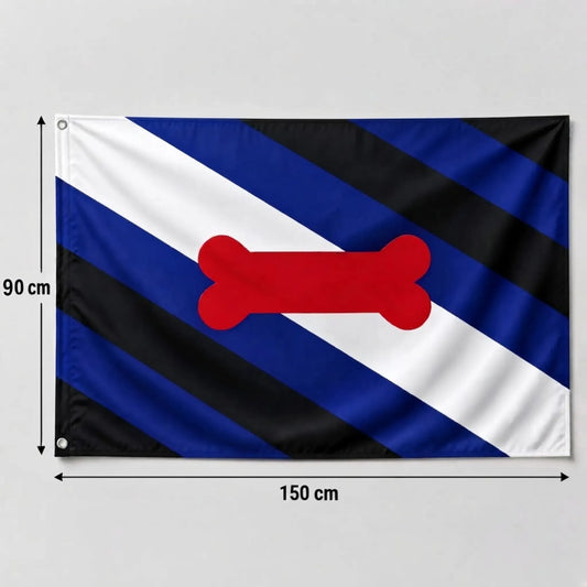 Dimensions du grand drapeau Puppy Play Pride mesurant 90 cm de hauteur par 150 cm de largeur avec œillets. Accessoire Petplay