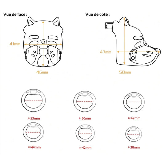 Guide des dimensions et schémas techniques de la cage Puppy Play et des 6 anneaux de 38 mm à 53 mm