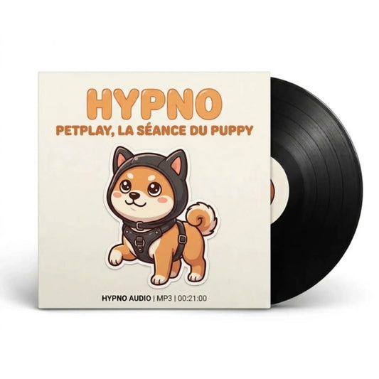 Pochette de l'audio MP3 Hypno Petplay La Séance du Puppy illustrée par un chiot équipé d'un hood et d'un harnais.