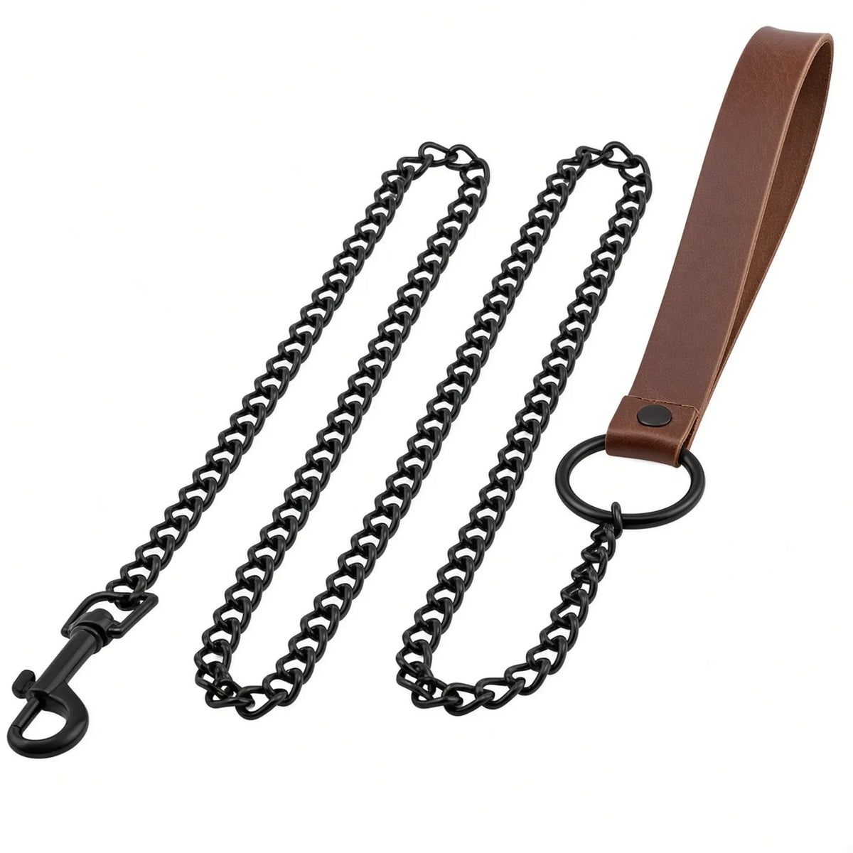 Laisse courte de dressage petplay Alpha Leash en chaîne d'acier inoxydable avec dragonne en cuir PU marron foncé et mousqueton rotatif
