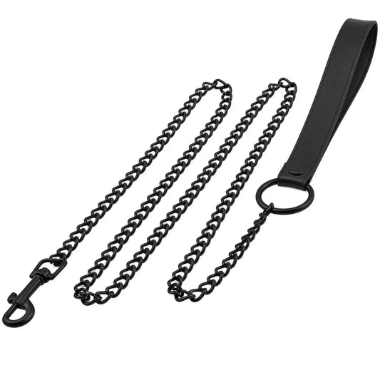 Laisse de guidage animalier Alpha Leash en chaîne d'acier avec poignée en cuir PU noir classique et mousqueton pour collier de dressage