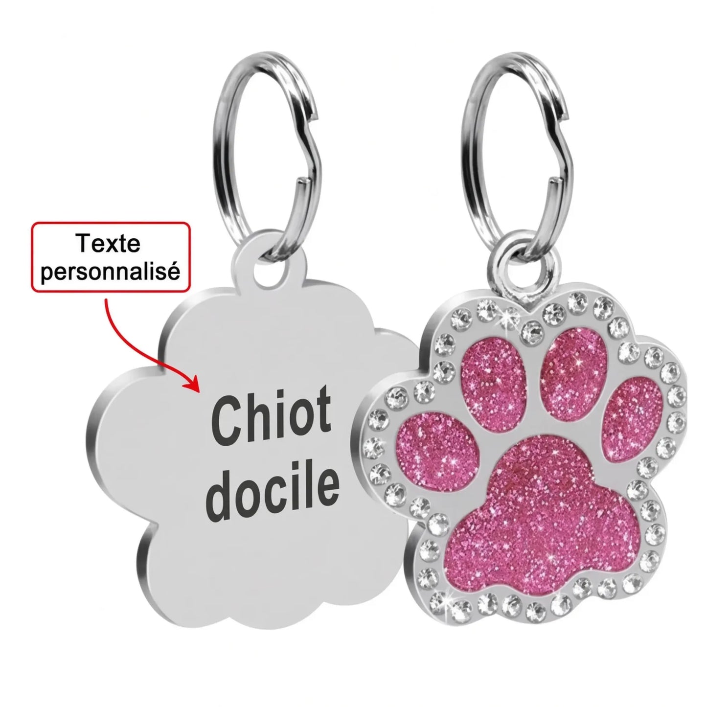 l'image du médaillon en rose du kinkypupshop dessus il est écrit chiot docile