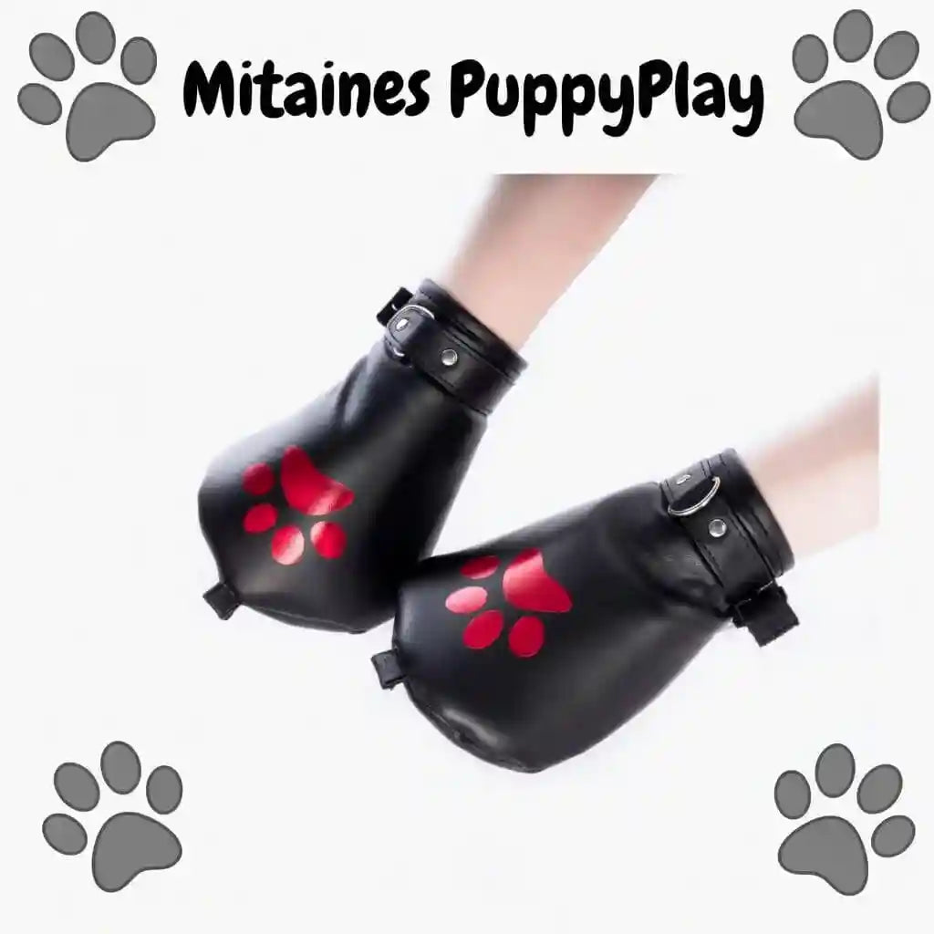 on voit une personne porter les mitaines "puppyplay" du kinkypupshop