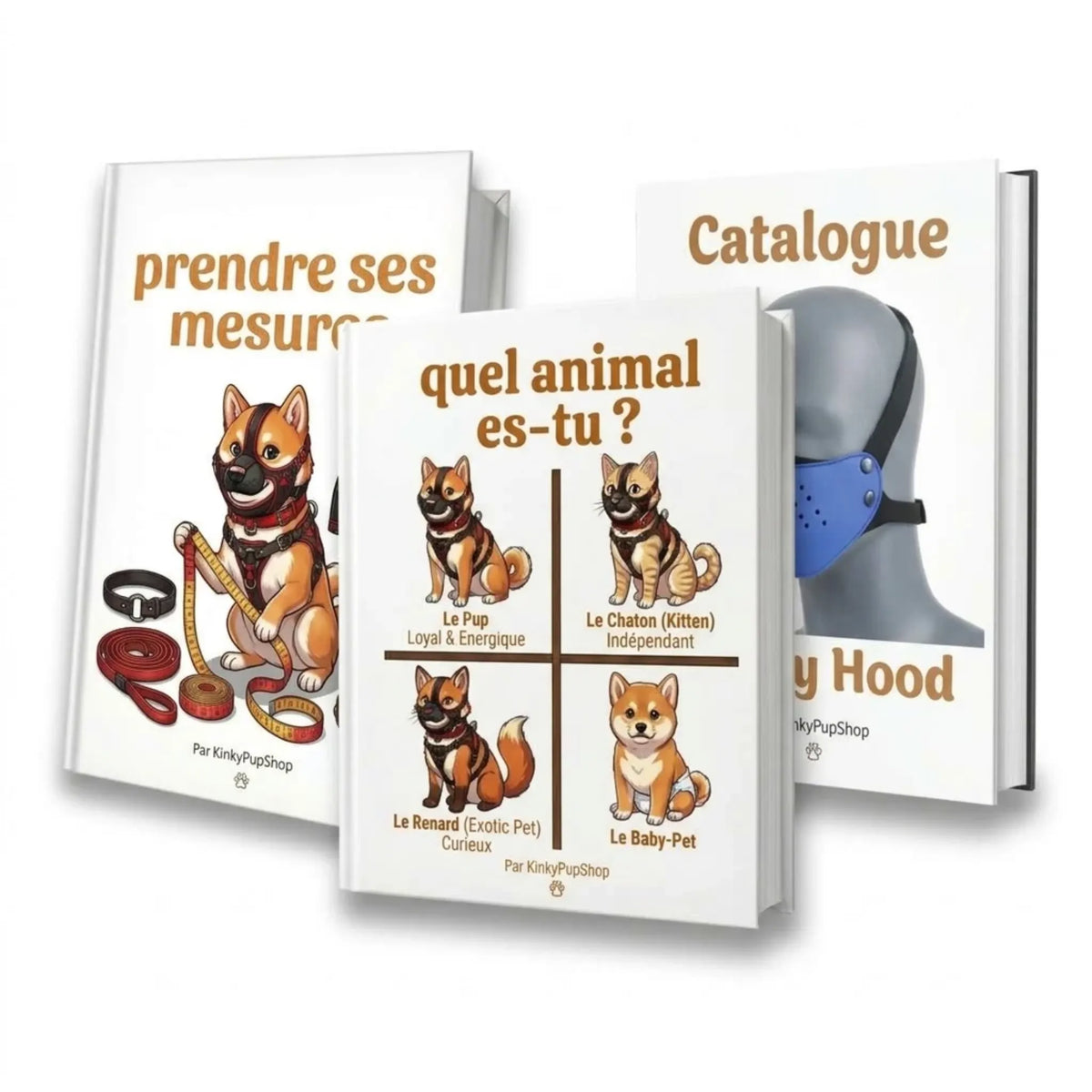 Collection complète des e-books gratuits KinkyPupShop : guides d'initiation au petplay, quiz de profil, manuel de mesures et catalogue officiel Puppy Hood.