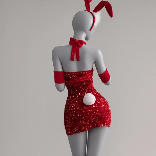 Robe courte à paillettes rouges pour cosplay Bunny Girl vue de dos avec petite queue pompon blanche et tour de cou noué.