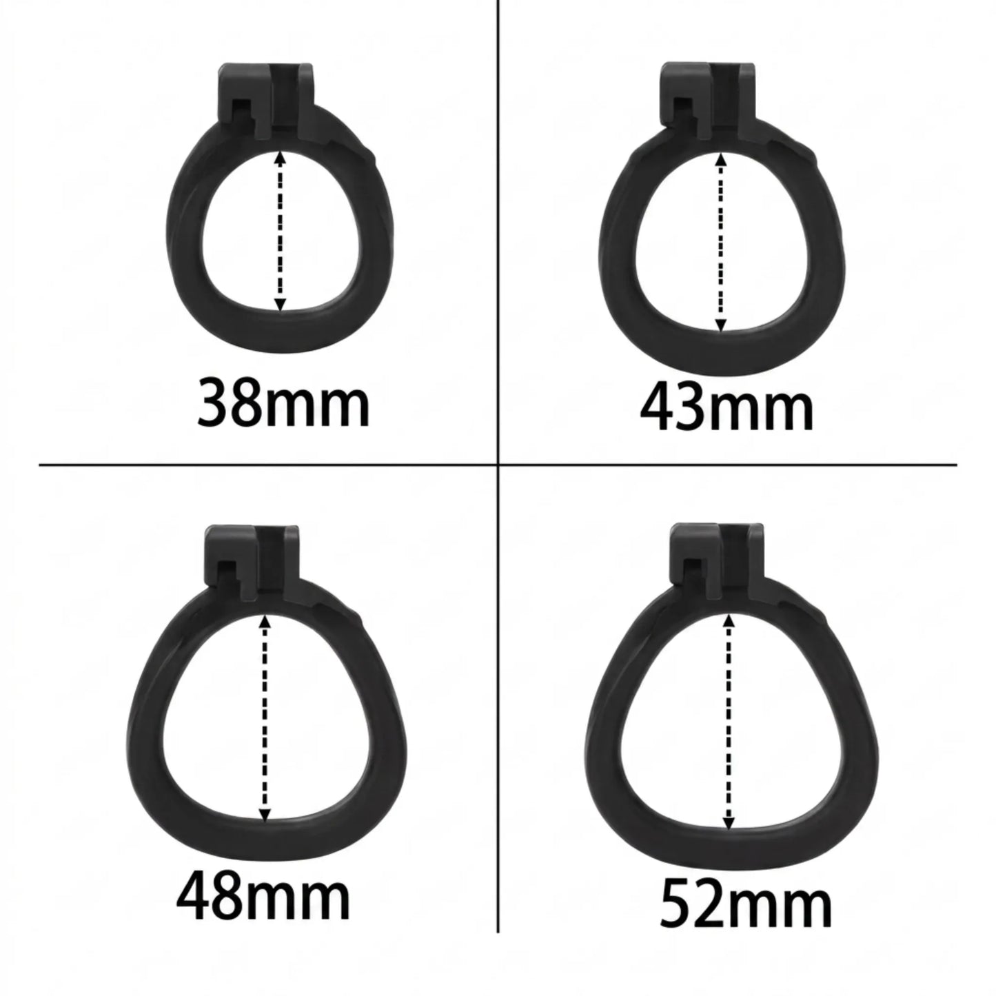 Guide des tailles des 4 anneaux ergonomiques inclus : 38 mm, 43 mm, 48 mm et 52 mm.