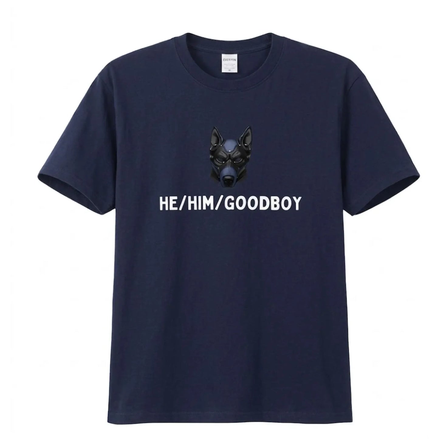 vêtement petplay, tshirt goodboy en bleue marine puppyplay avec un puppy hood dessus