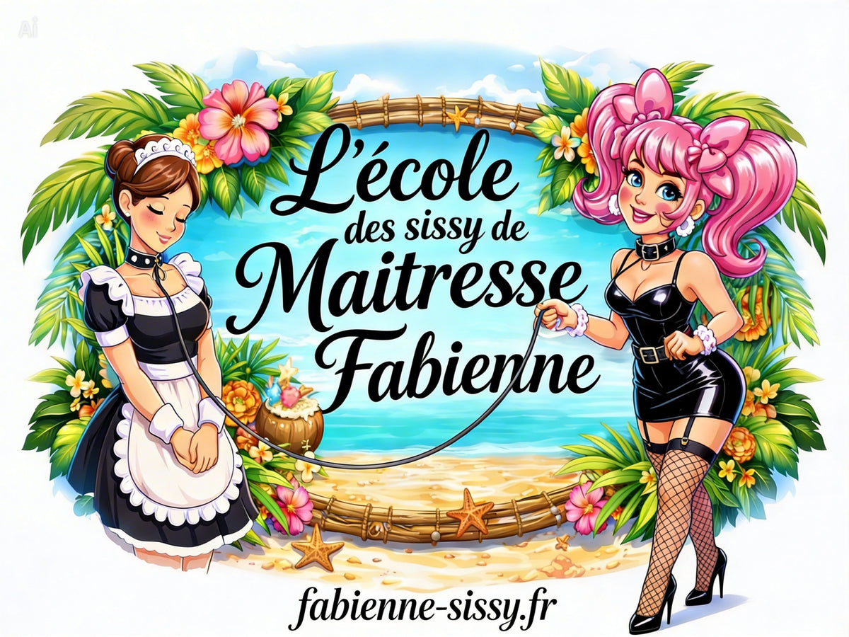 logo du site de fabienne sissy, on y voit fabienne une domina bdsm en cuir, ainsi qu'une sissy en tenue de maid