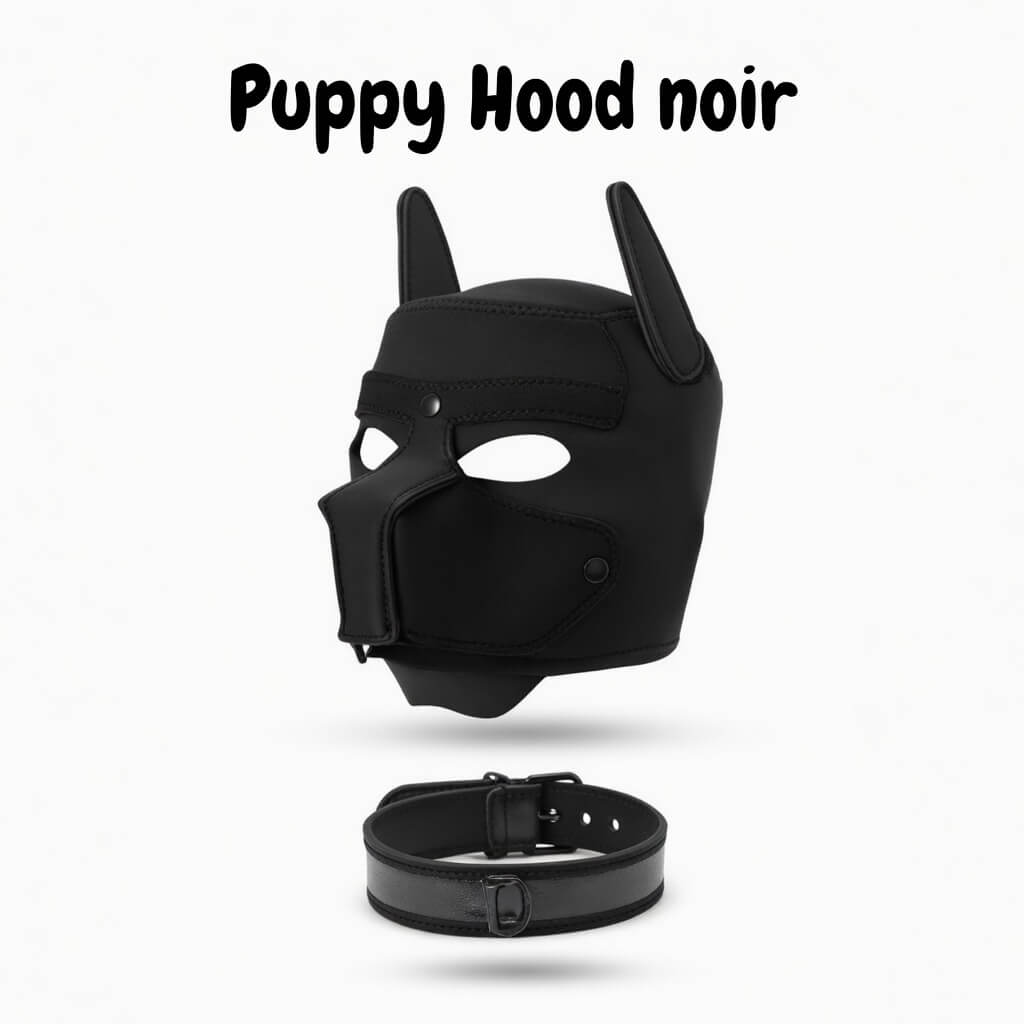 Accessoire de petplay, l'image montre un puppy hood du kinkypupshop il est de couleur noir