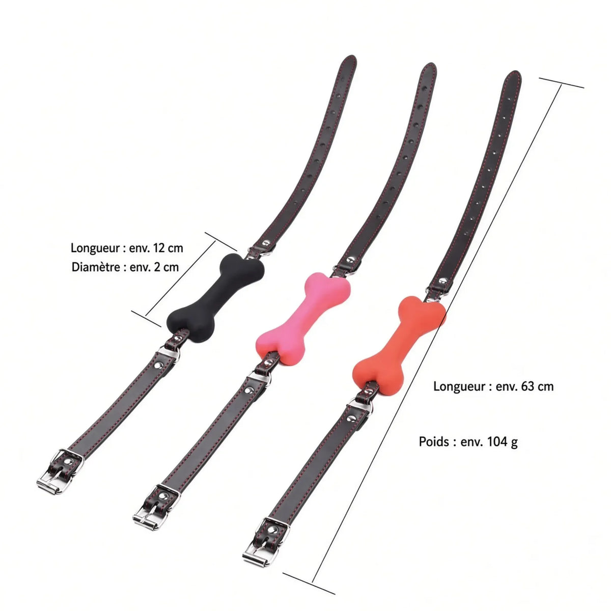 Présentation des trois coloris du bâillon os petplay Alpha Bone noir, rose et rouge dépliés avec sangle en cuir PU et boucle de réglage KinkyPupShop