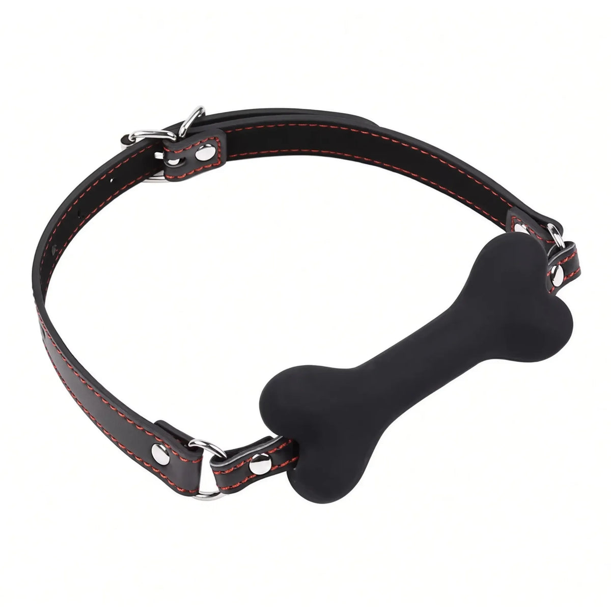 Bâillon os puppy play Alpha Bone en silicone souple noir monté sur sangle réglable en cuir synthétique PU pour soumission canine et petplay.
