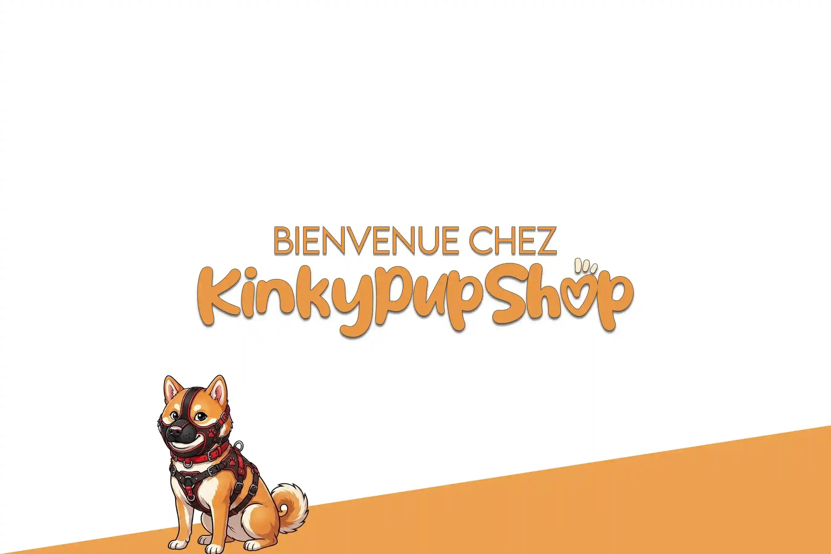 La bannière du site, avec le chien en logo et un texte "bienvenue chez kinkypupshop"