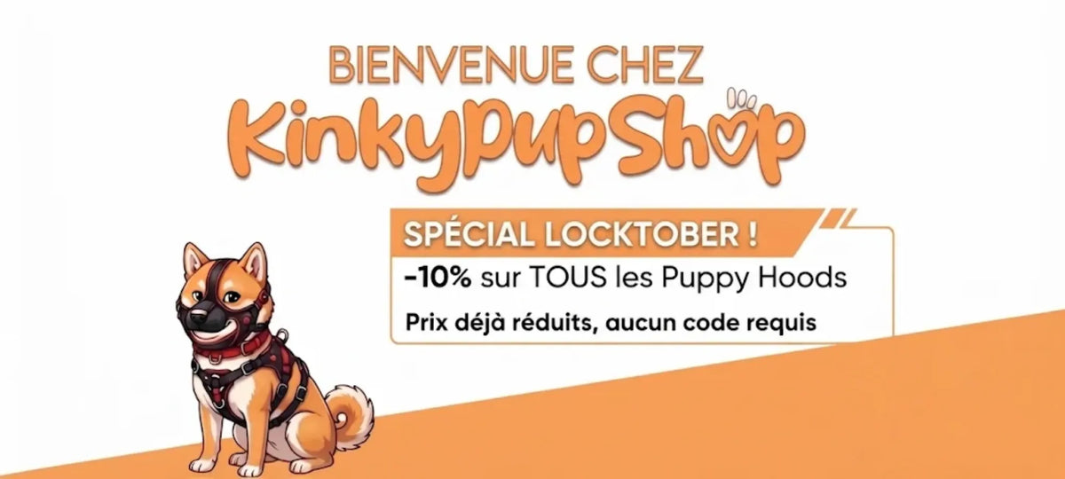 Bannière d'illustration KinkyPupShop présentant le matériel de dressage, accessoires de guidage et équipements pour puppy play et petplay