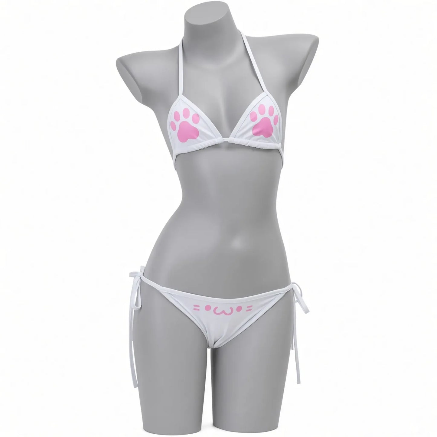 image du bikini en version blanche cute kitten, avec un motif chat et des petites pattes rose 