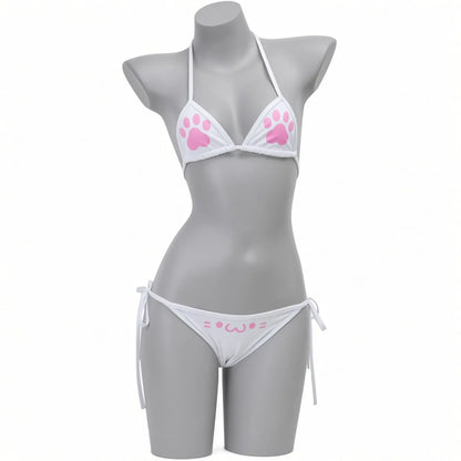 image du bikini en version blanche cute kitten, avec un motif chat et des petites pattes rose 