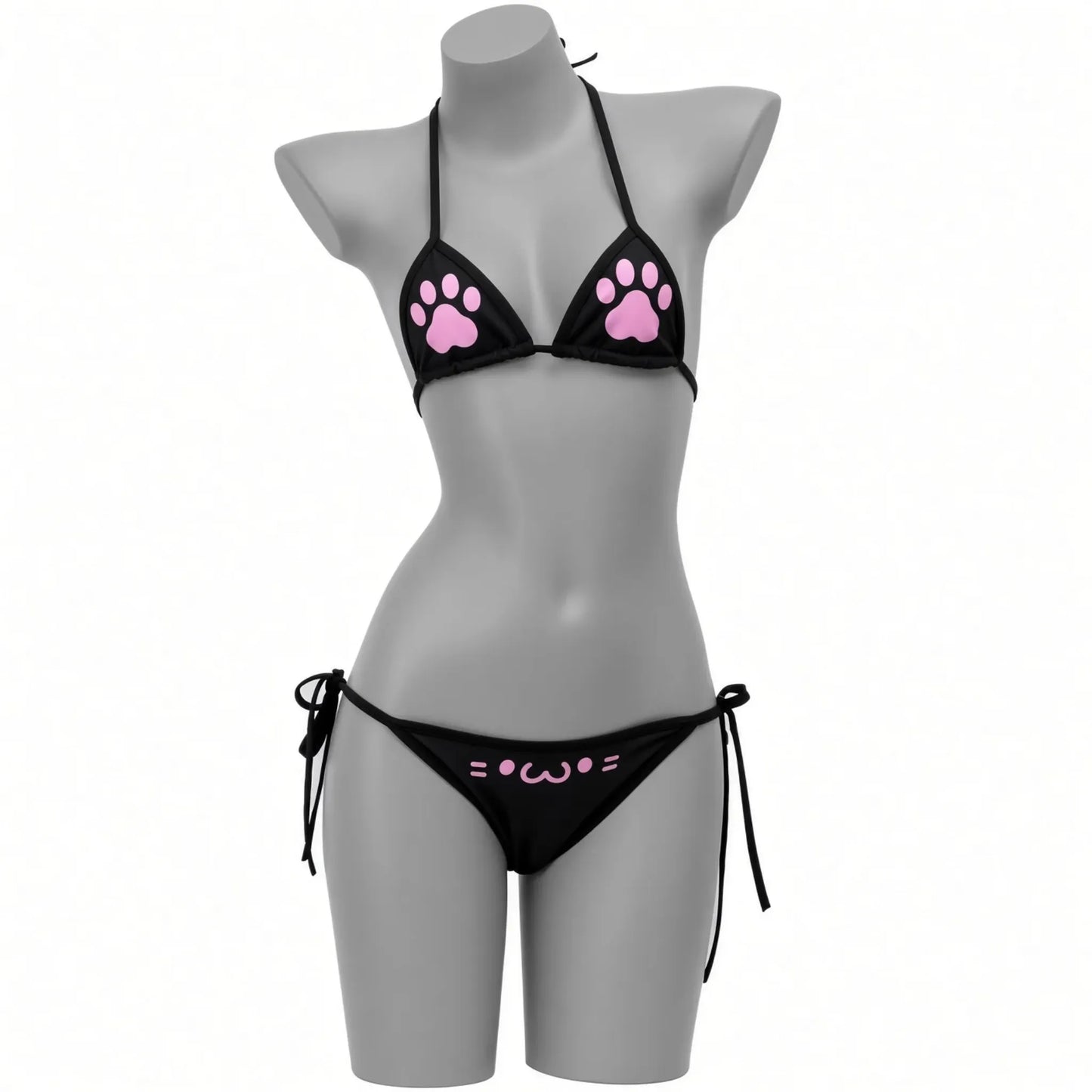 image d'un mannequin portant un bikini noir "kitten" il est en deux pièce et sert pour un style petplay