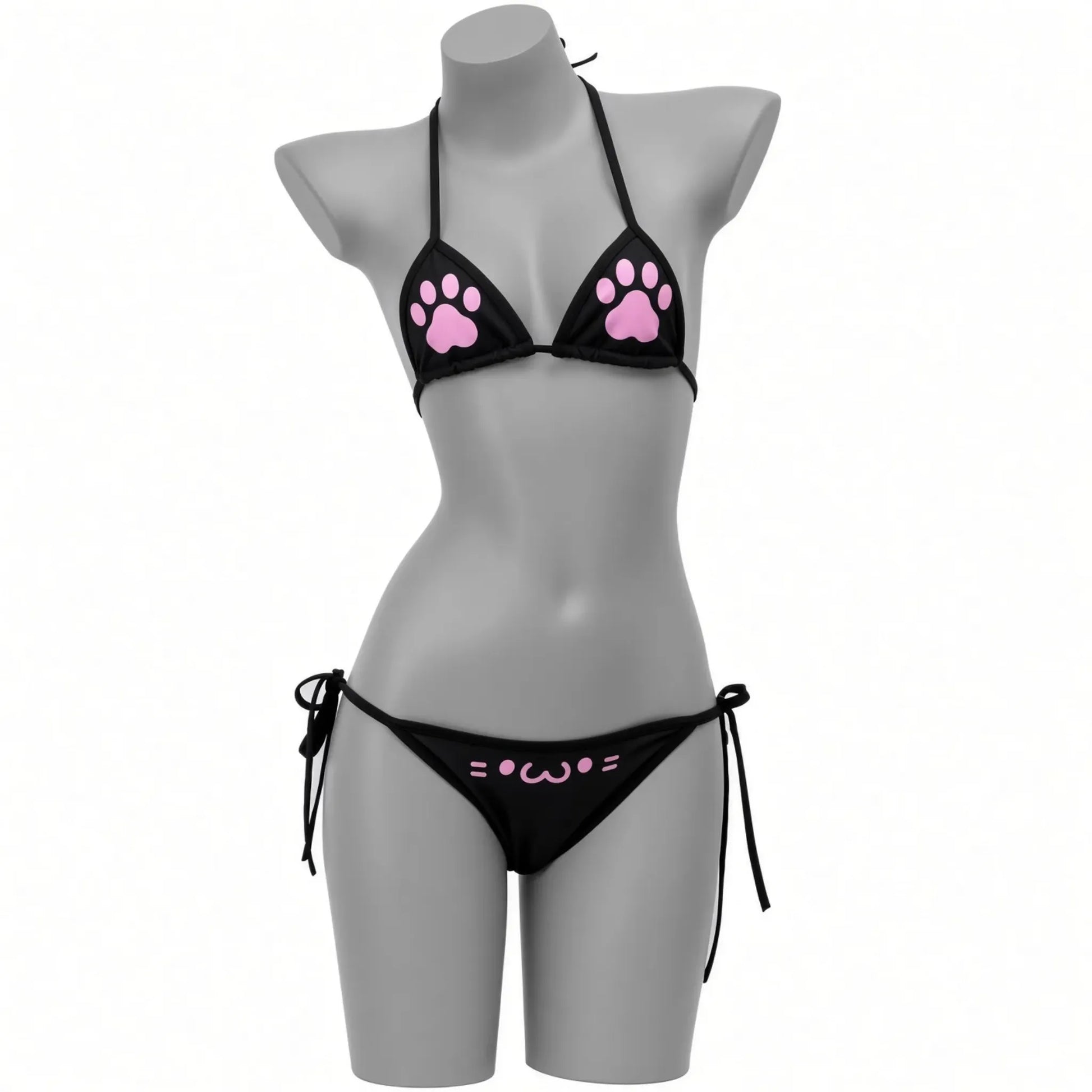 image d'un mannequin portant un bikini noir "kitten" il est en deux pièce et sert pour un style petplay