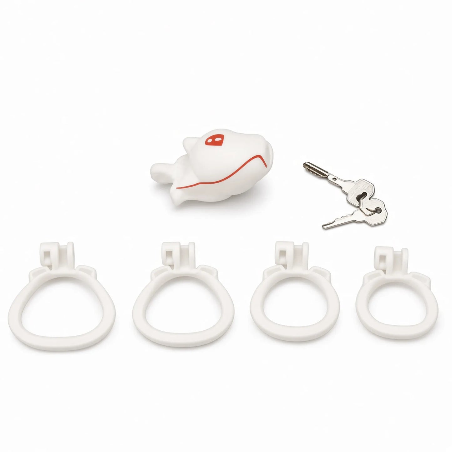 Cage de chasteté chiot blanche Alpha Pup fournie avec 4 anneaux ergonomiques blancs et ses clés.