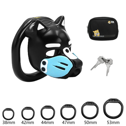 Cage de chasteté masculine Puppy Play museau bleu pastel avec kit de 6 bagues de retenue et clés