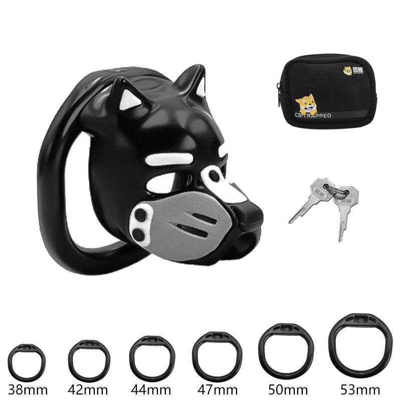 Ensemble cage de chasteté masculine Puppy Play museau gris avec 6 anneaux de retenue, clés et trousse de rangement