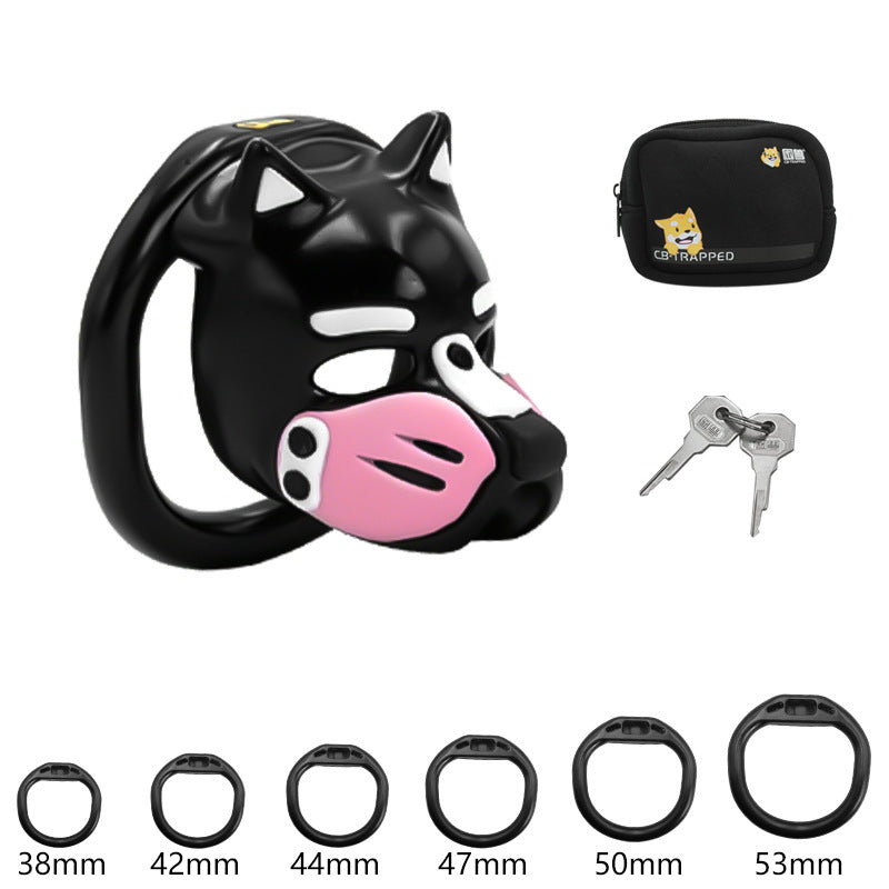 Cage de chasteté Petplay design chiot avec museau rose, lot de 6 anneaux interchangeables et pochette