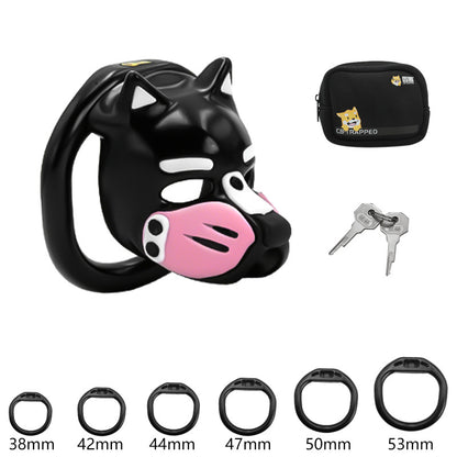 Cage de chasteté Petplay design chiot avec museau rose, lot de 6 anneaux interchangeables et pochette