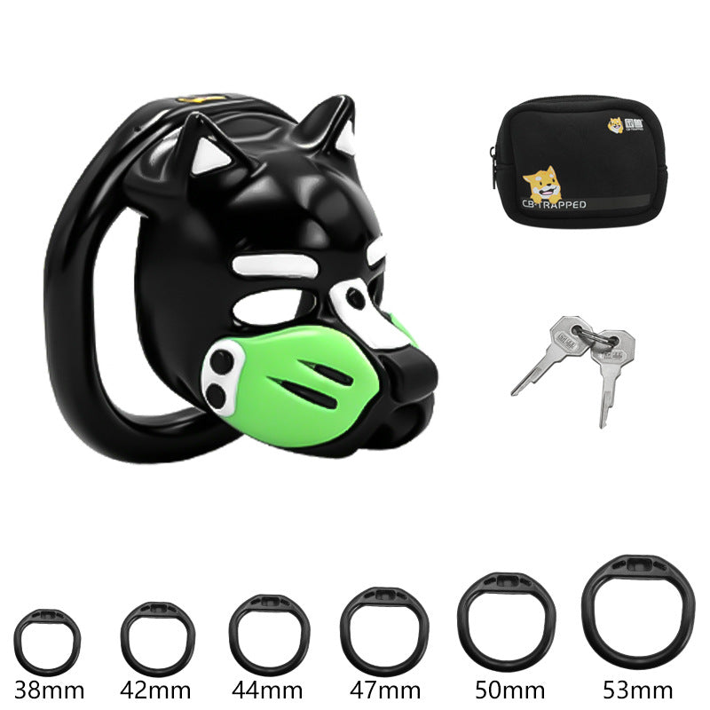 Dispositif de chasteté Puppy Play masque de chien avec museau vert, 6 tailles d'anneaux ajustables et serrure.
