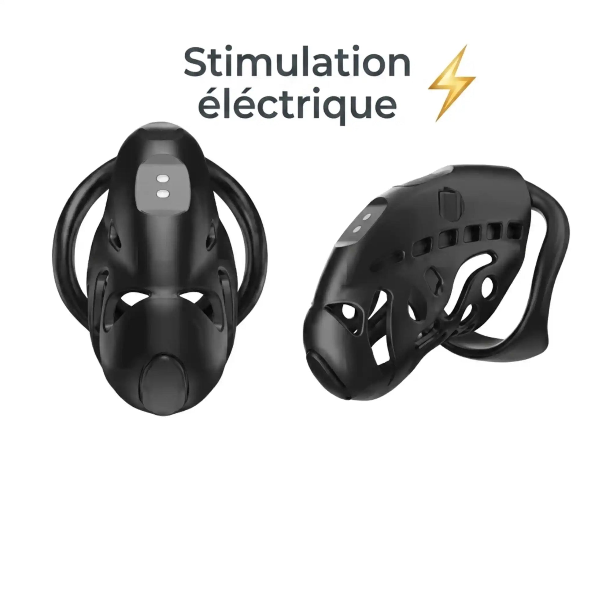 Cage de chasteté connectée Shock Pup noire avec électrostimulation intégrée et anneau ergonomique.