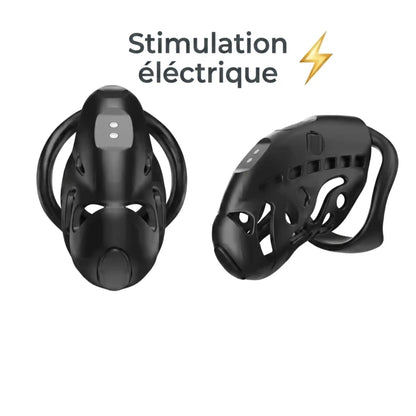 Cage de chasteté connectée Shock Pup noire avec électrostimulation intégrée et anneau ergonomique.
