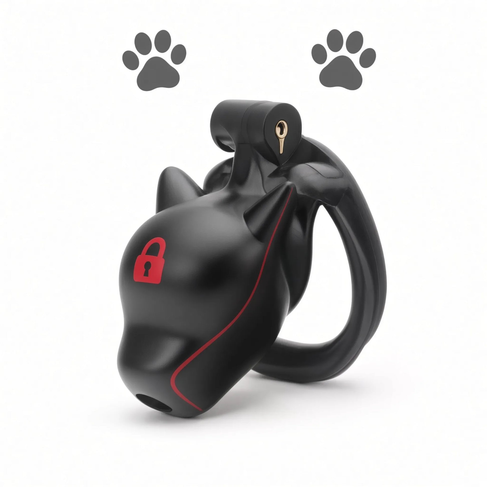 Cage de chasteté Puppy Play Alpha Pup noire en résine avec oreilles de chiot et cadenas rouge.