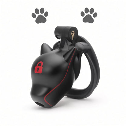 Cage de chasteté Puppy Play Alpha Pup noire en résine avec oreilles de chiot et cadenas rouge.
