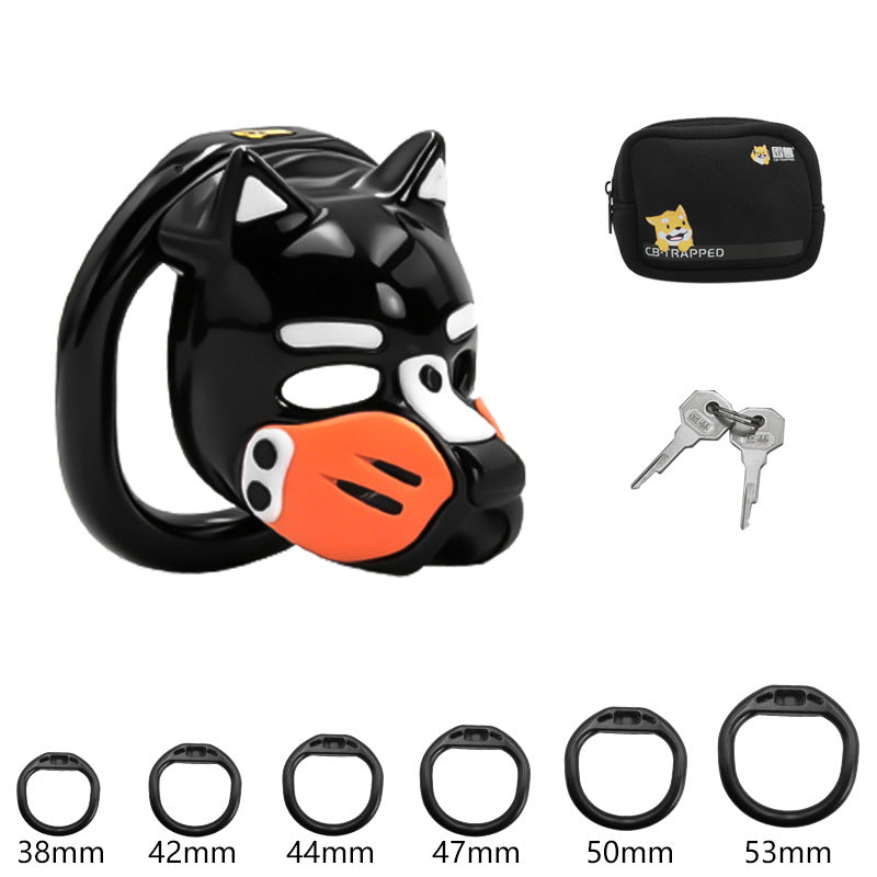 Kit complet cage de chasteté Puppy Play tête de chien museau orange avec 6 anneaux de fixation de 38 à 53 mm