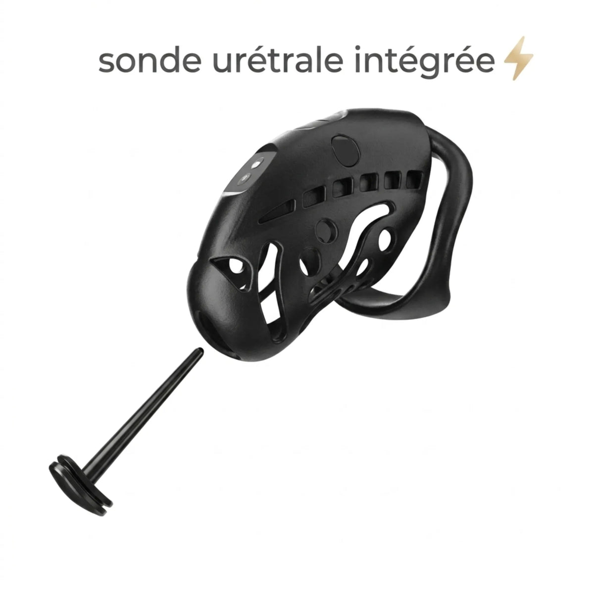 Dispositif de chasteté Shock Pup équipé de sa sonde urétrale conductrice amovible.