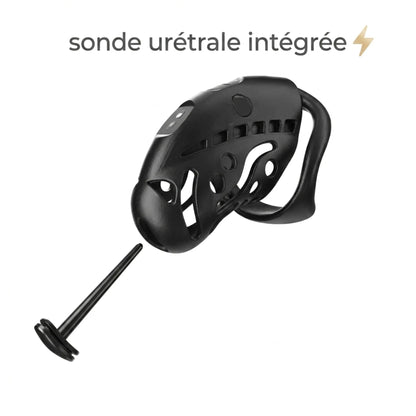 Dispositif de chasteté Shock Pup équipé de sa sonde urétrale conductrice amovible.