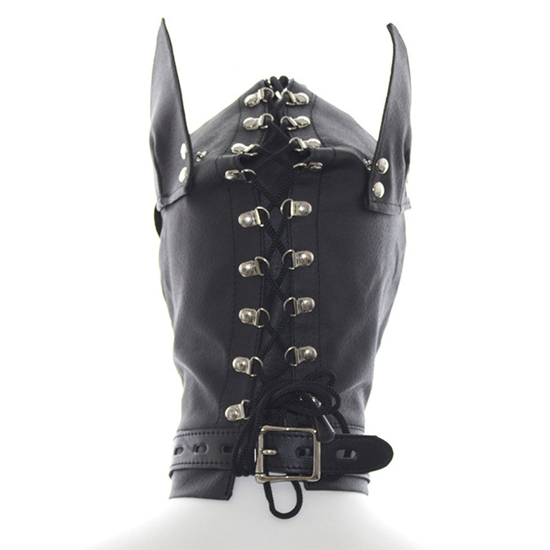 cagoule de petplay en cuir noir vu de dos 