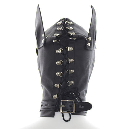 cagoule de petplay en cuir noir vu de dos 