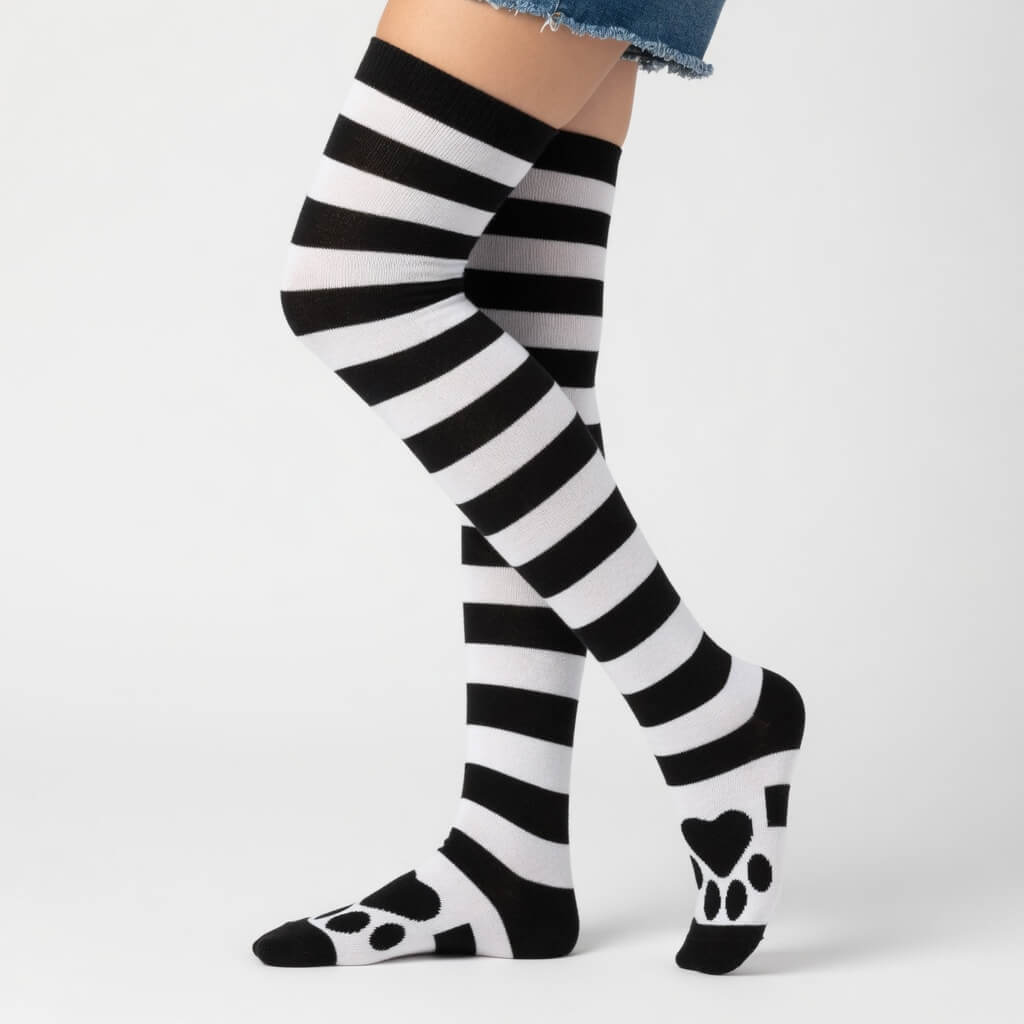 image de chaussette longue, a bande noir vertical, avec sur le bout une patte de chat noir