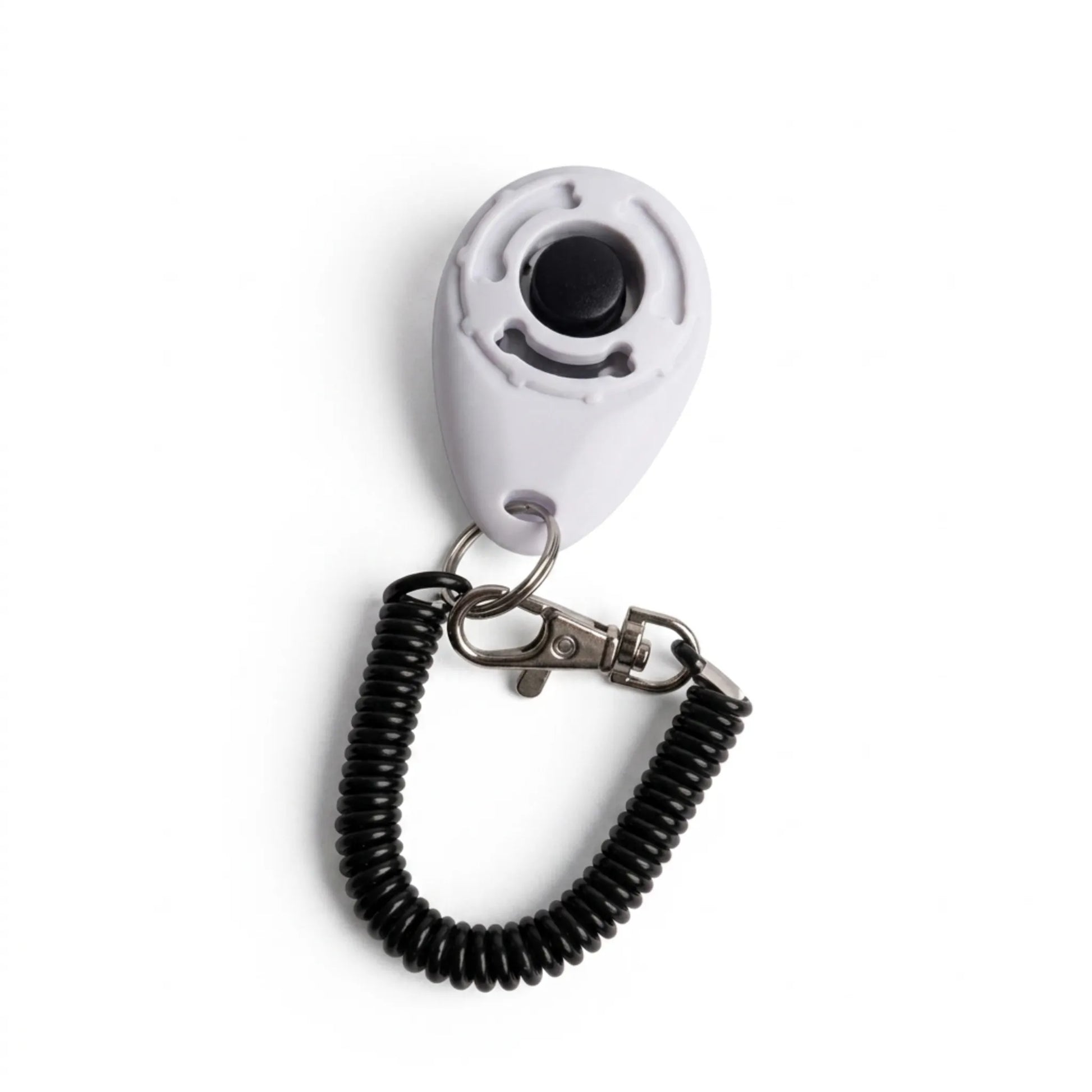 Clicker sonore de conditionnement chiot et chaton en plastique blanc avec bouton noir et bracelet extensible.