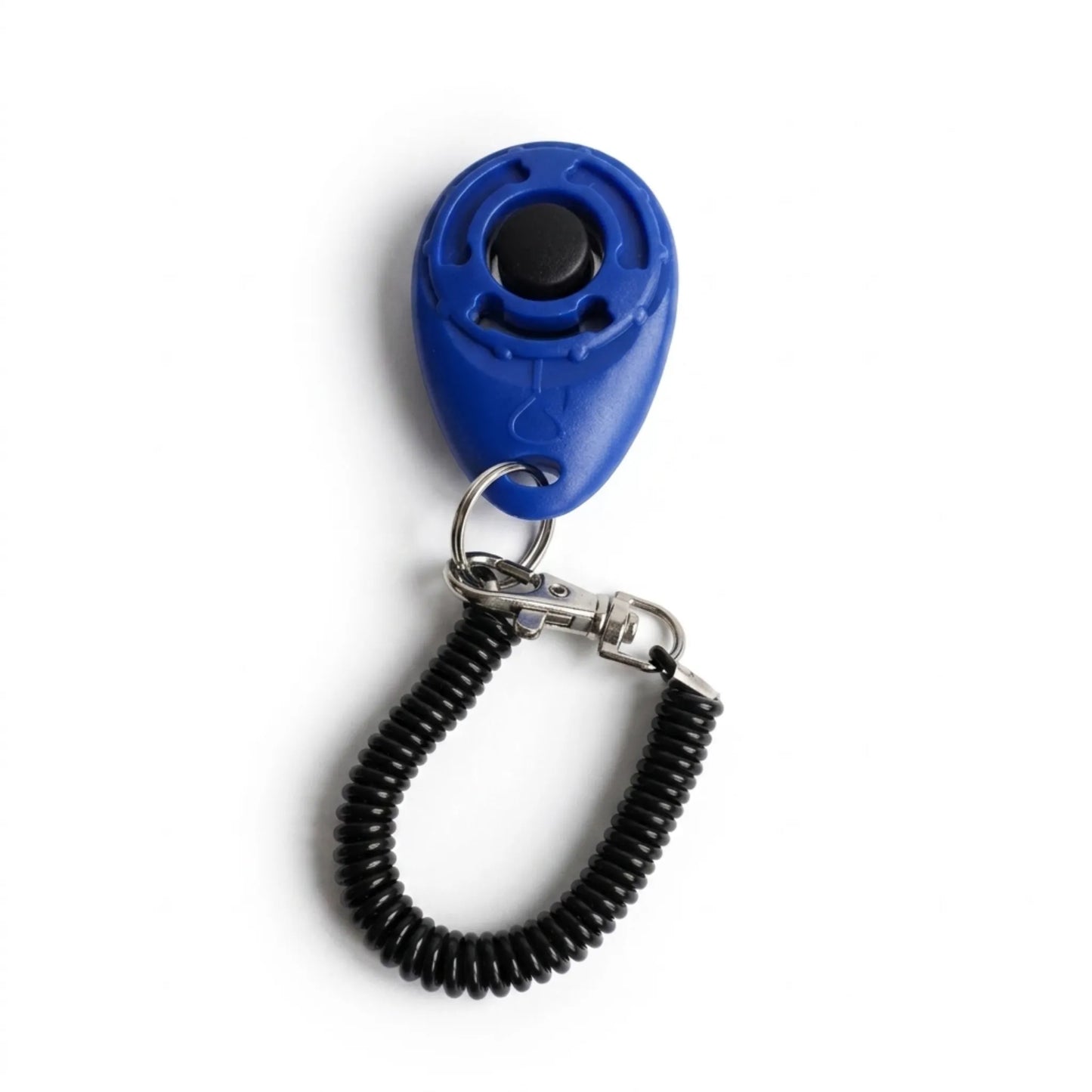 Boîtier clicker sonore d'entraînement pour Puppy Play couleur bleu avec attache mousqueton et cordon élastique.