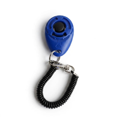 Boîtier clicker sonore d'entraînement pour Puppy Play couleur bleu avec attache mousqueton et cordon élastique.