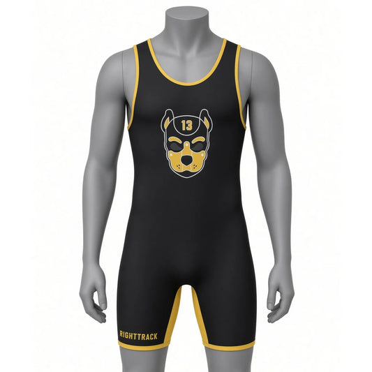 Combinaison athlétique de lutte petplay Alpha Suit noire à liserés jaunes et visuel puppy hood pour dressage chiot.