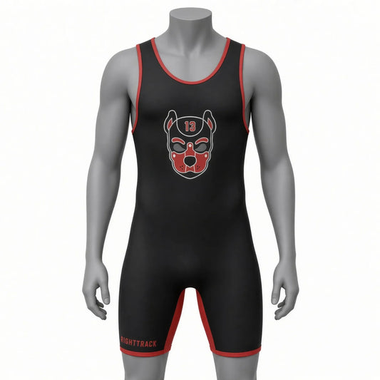 Tenue de dressage et jeu de rôle puppy play Alpha Suit noire avec bordures rouges contrastées en polyester stretch.