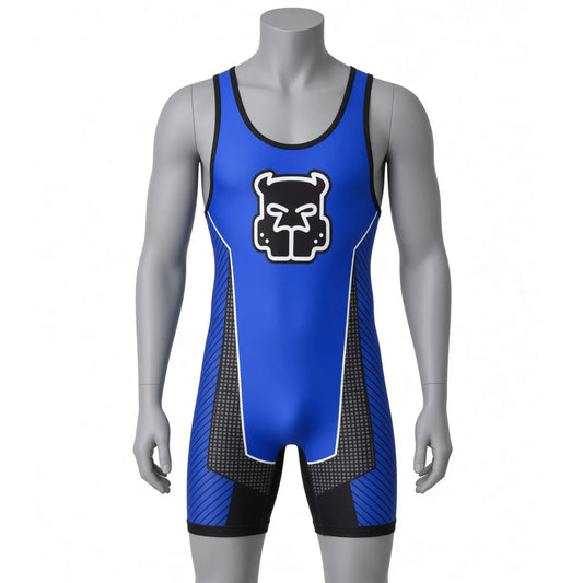 Détail de la coupe sans manches et des finitions du singlet fétiche Alpha Wrestler bleu.