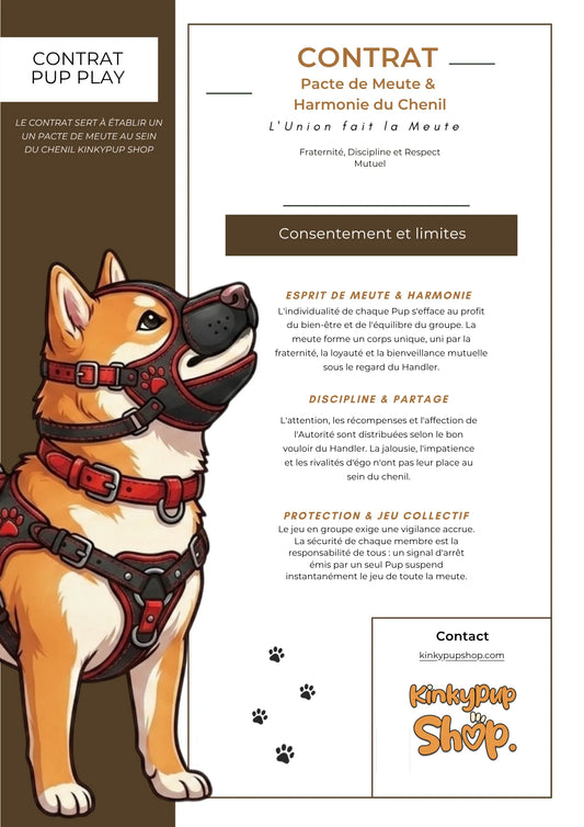 visuel de la première page de notre contrat petplay, un contrat qui régie les liens entre les puppy et les kitten au sein d'une meute ou pendant un mosh