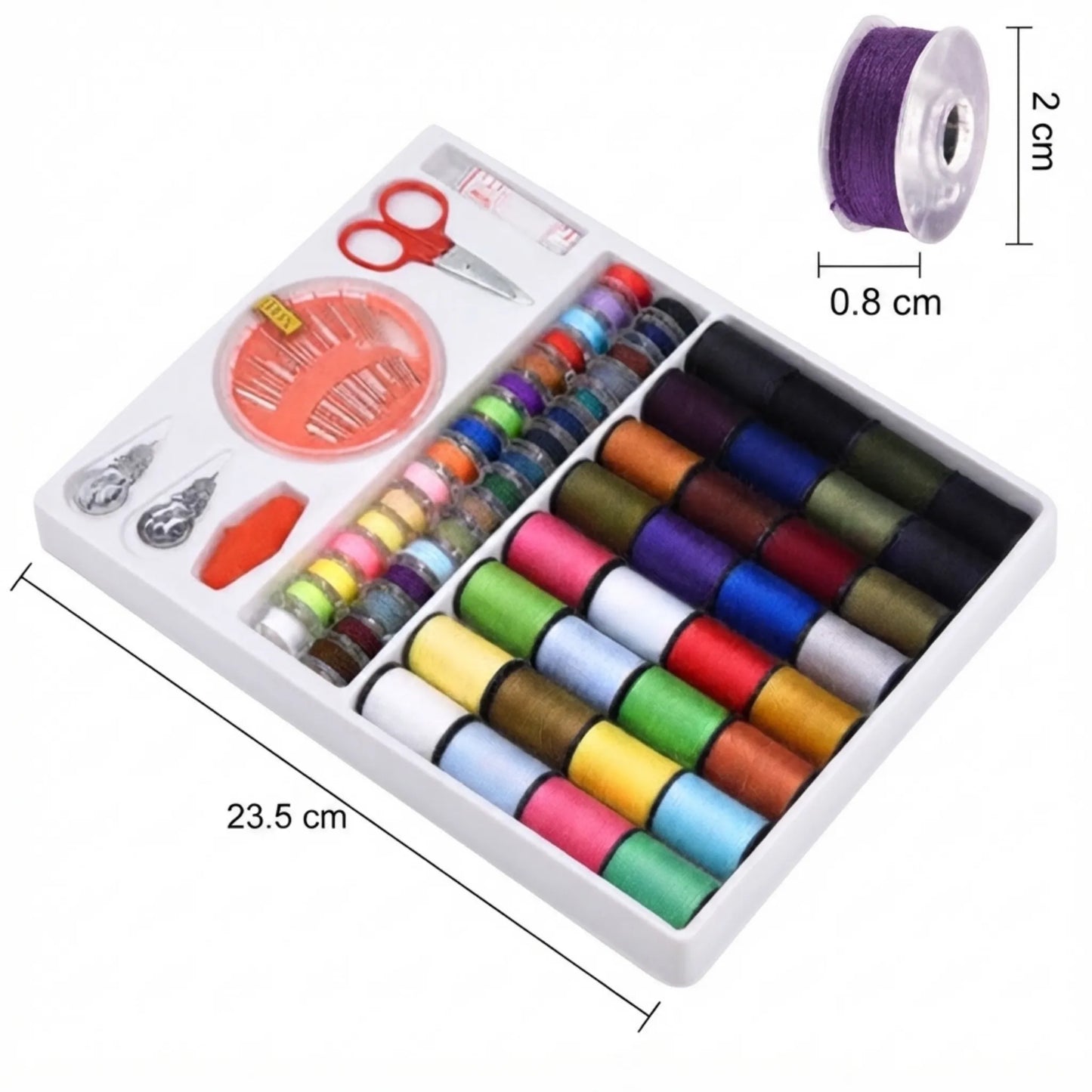 Dimensions du boîtier de réparation pour équipement Petplay mesurant 23,5 cm de largeur avec canettes de fil de 2 cm.