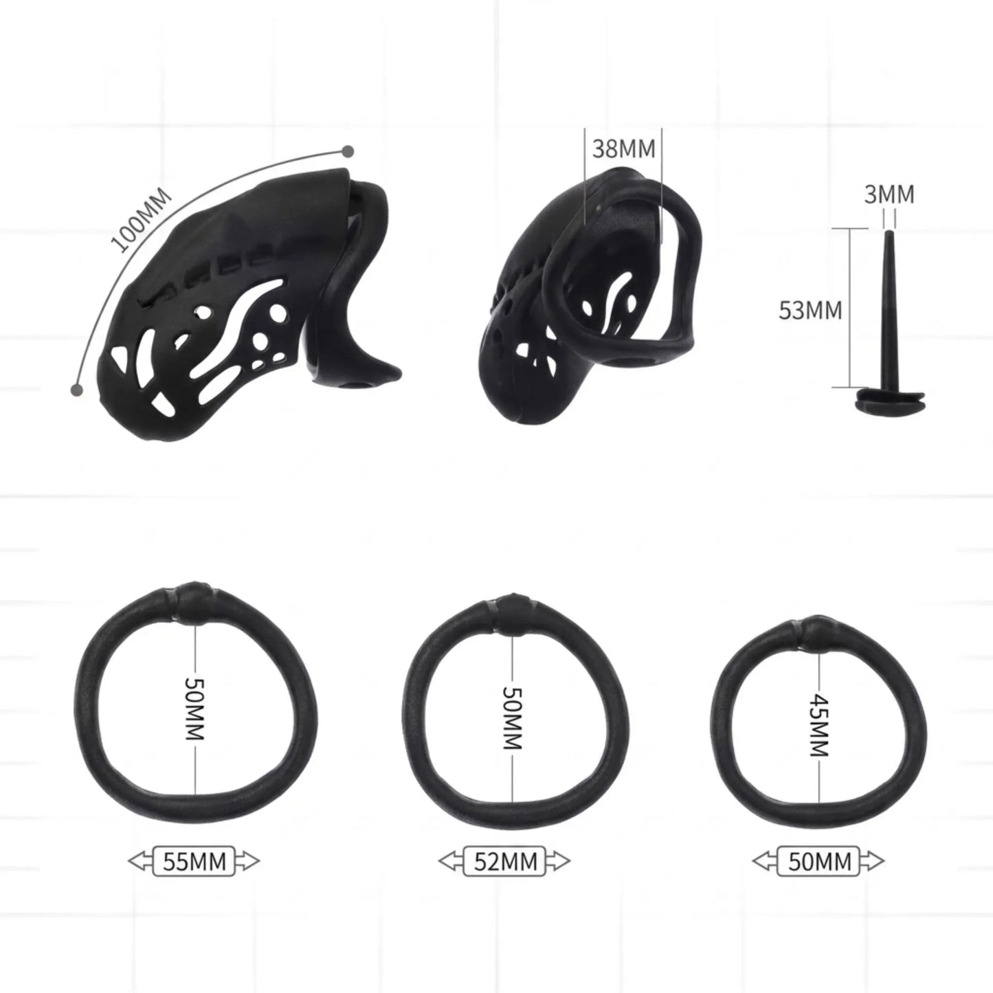 Schéma des dimensions de la cage Shock Pup (100 mm), des 3 anneaux ergonomiques et de la sonde urétrale de 53 mm.