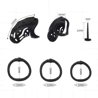 Schéma des dimensions de la cage Shock Pup (100 mm), des 3 anneaux ergonomiques et de la sonde urétrale de 53 mm.